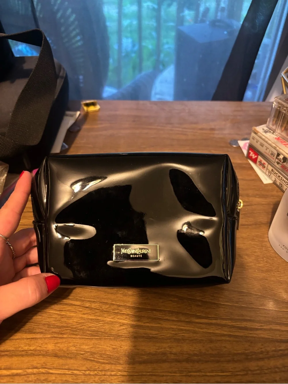 Yves Saint Laurent Black Gloss Patent Cosmetic Pouch with Gold Logo